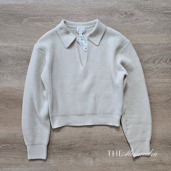 H&M Rib Knit Collared Sweater Long Sleeve Cropped Cream Size Small New With Tags - Picture 1 of 17